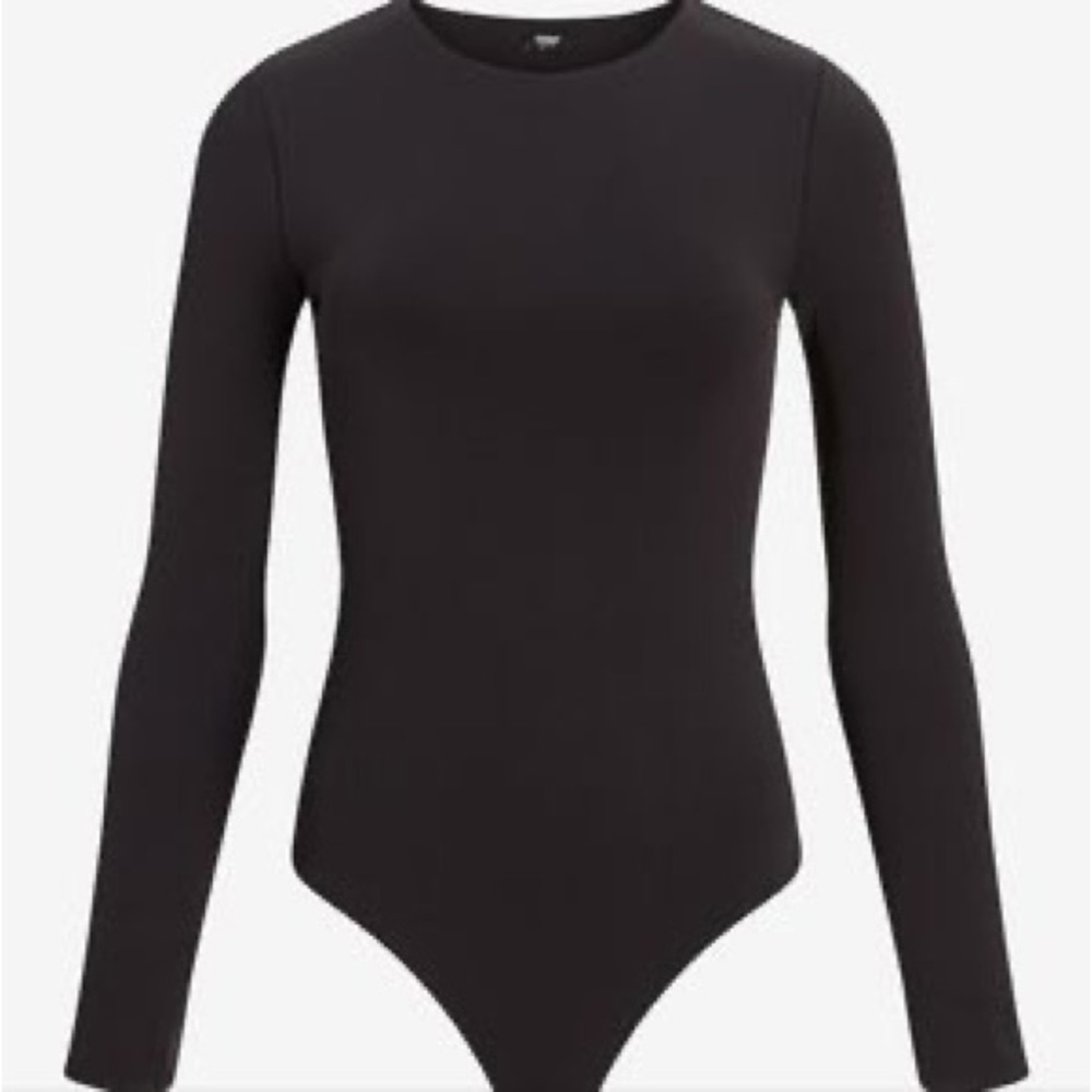 Express Body Contour Double Layer Crew Neck Thong Bodysuit in Black
